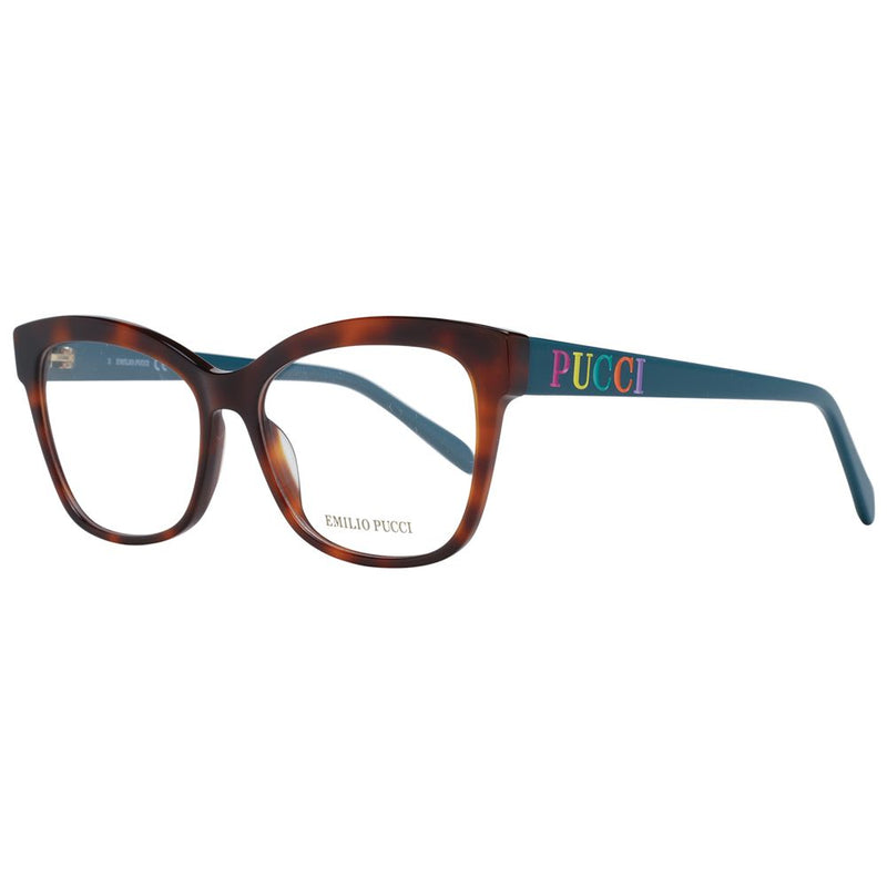 Emilio Pucci brown tortoise shell plastic glasses frames with blue temples and multicolored logo lettering