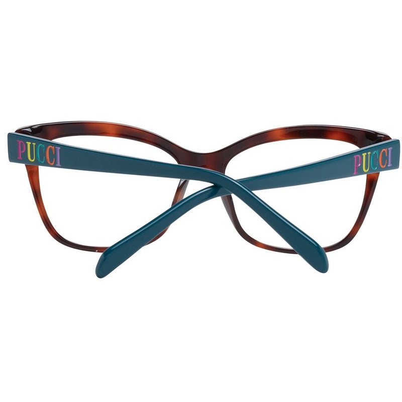 Brown tortoiseshell and blue plastic glasses frames with multi-colored PUCCI text on the temples