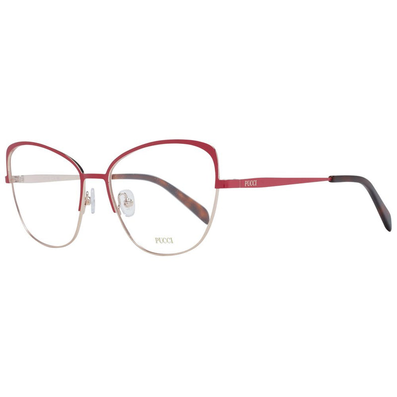 Red and gold metal cat-eye eyeglass frames with tortoiseshell temple tips