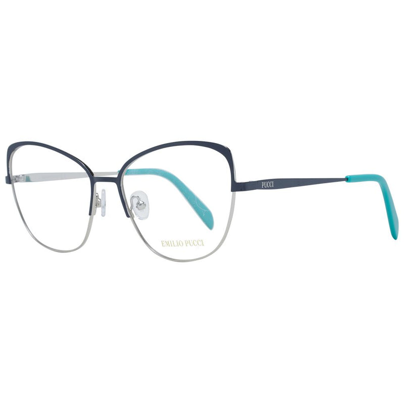Emilio Pucci cat-eye metal eyeglasses frames in blue and silver with turquoise temple tips