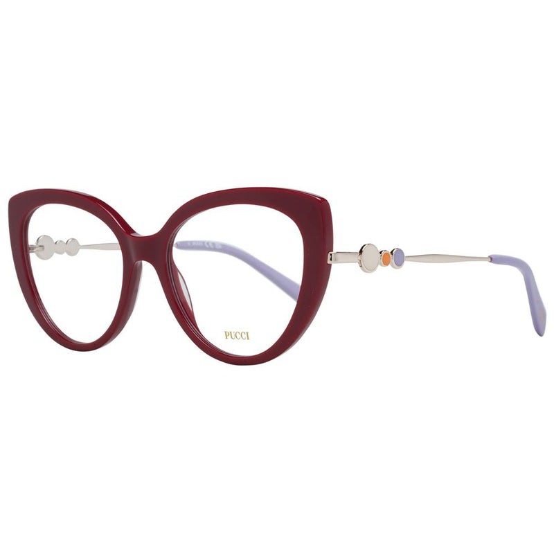 Burgundy cat-eye plastic eyeglass frames with metallic temples featuring multicolored circular accents