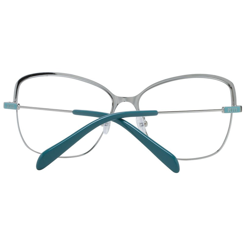 Silver metal eyeglass frames with teal blue temples and accents