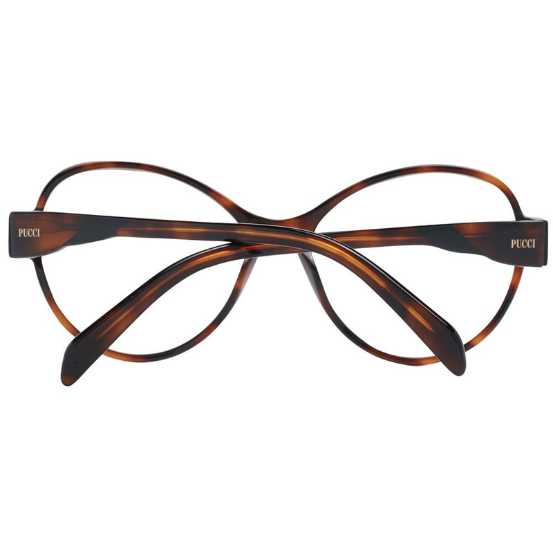 Brown tortoiseshell plastic eyeglass frames with folded arms showing Pucci logo