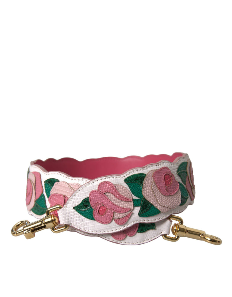 White leather shoulder strap featuring pink and light pink roses with green leaves and gold hardware