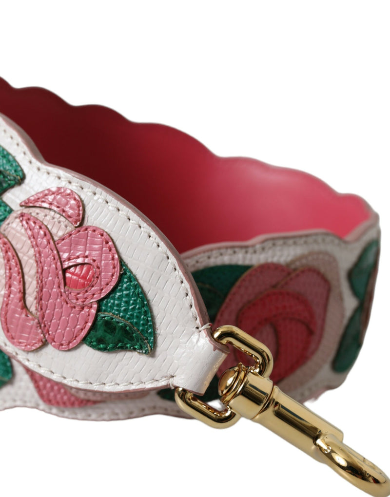 White leather shoulder strap featuring pink leather roses and green leaves with gold hardware