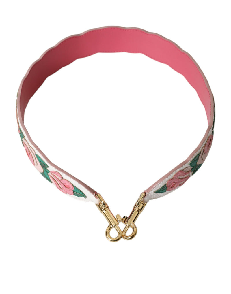 White and pink leather shoulder strap with floral embroidery and gold clasps