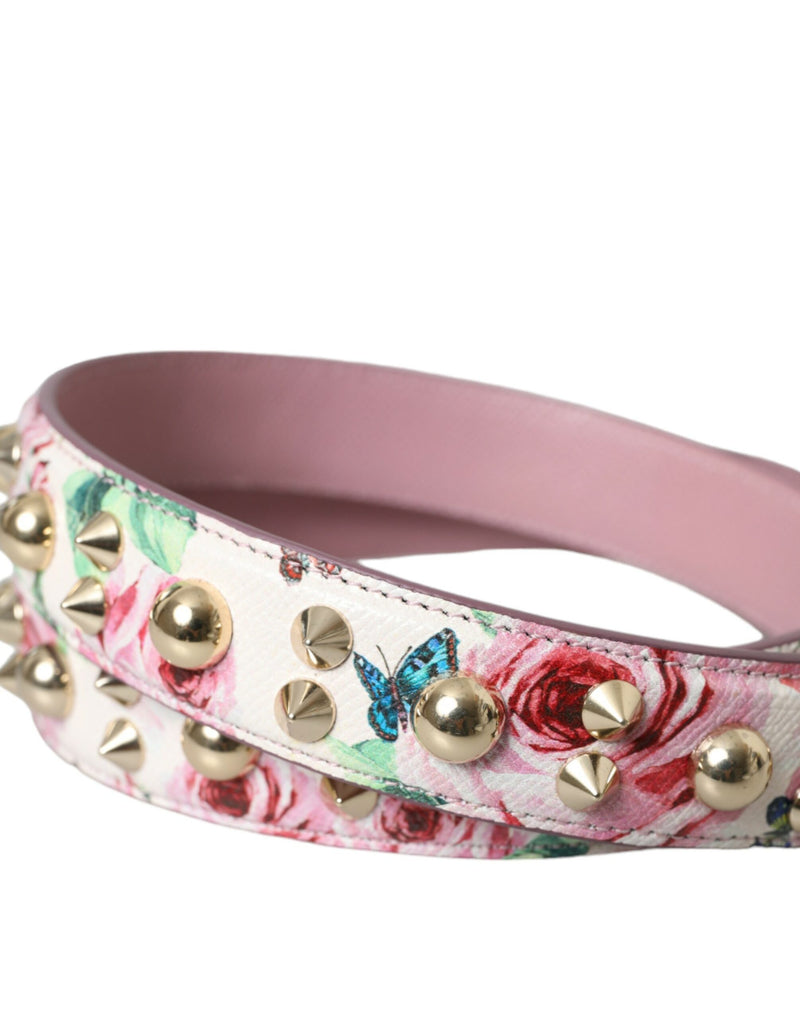 Pink floral and butterfly print leather shoulder strap with gold studs