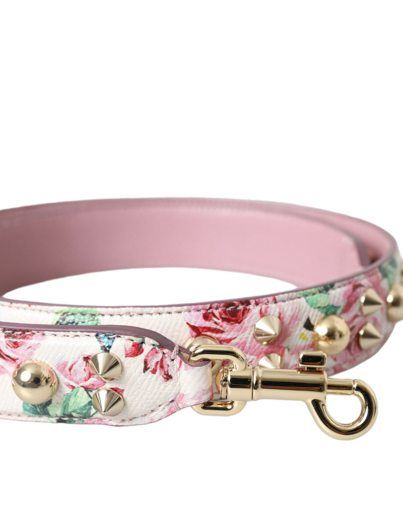 Pink leather floral shoulder strap with gold studs and clasp