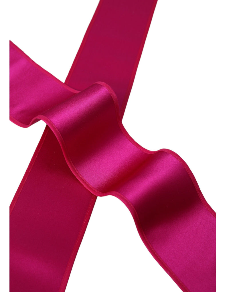 Fuchsia pink silk waist belt with a wide, glossy ribbon design