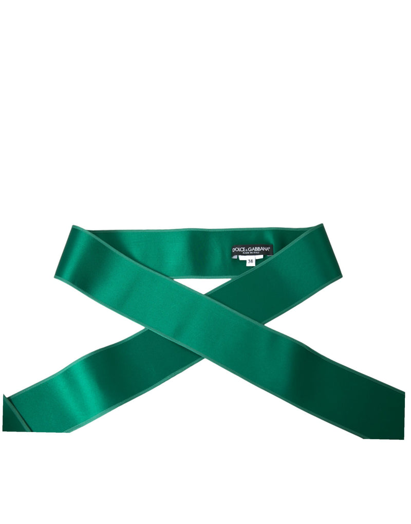 Green silk satin wide waist belt with an internal designer label