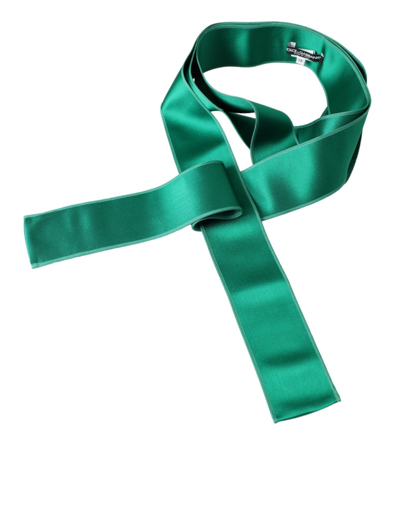 Emerald green silk satin waist belt for women, styled as a wide ribbon tie