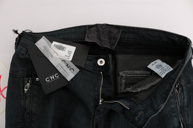 Gray cotton superslim denim jeans with zipper accents and tags attached