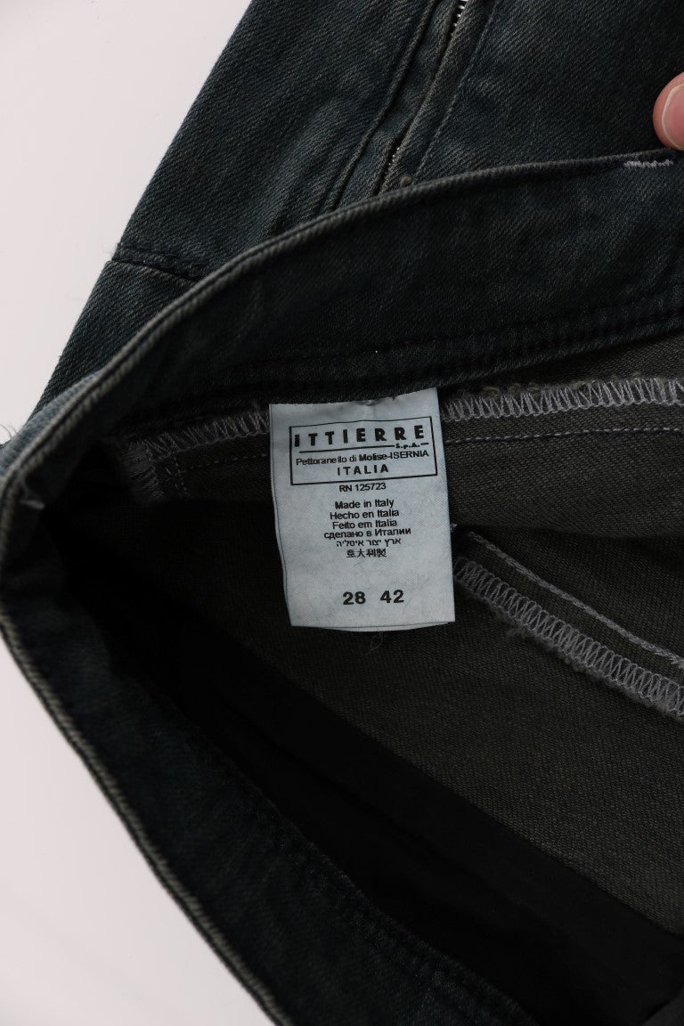 Gray cotton superslim denim jeans showing interior brand tag