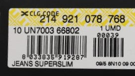 Yellow and white product tag with a barcode and the text jeans superslim