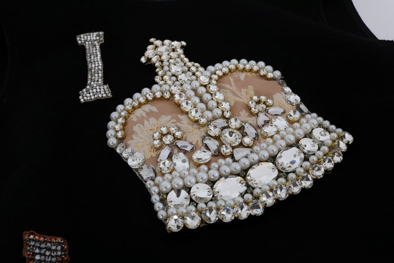 Black velvet shift dress with crystal crown patch and rhinestone letter I