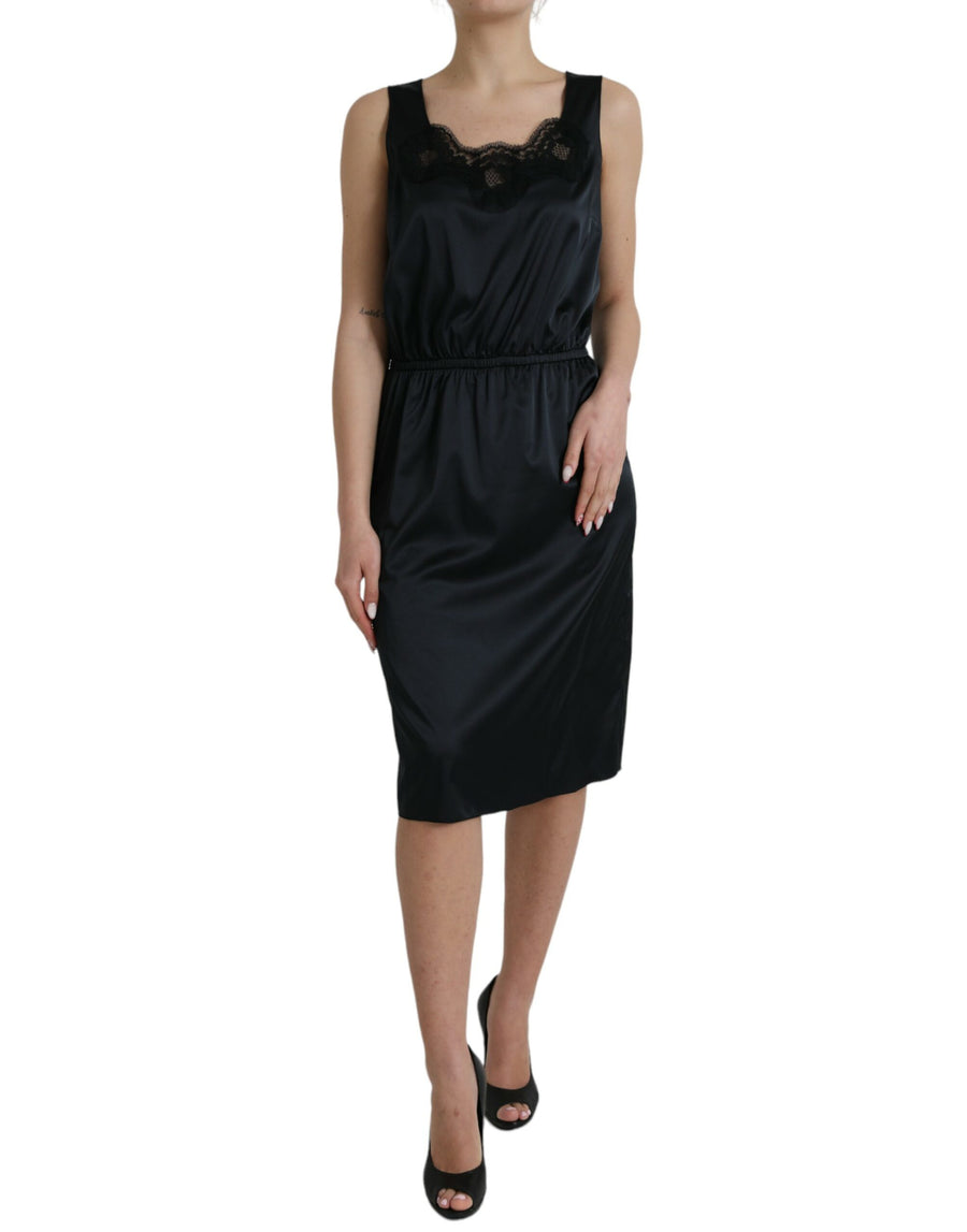 Black polyester lace-trim sleeveless midi sheath dress