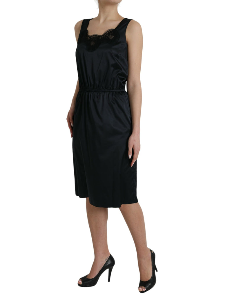Black polyester sleeveless sheath midi dress with lace trim neckline
