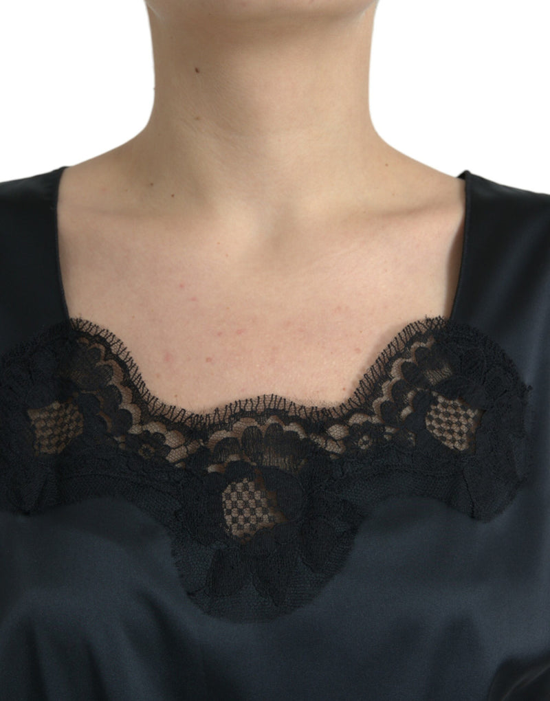 Black polyester sheath dress featuring a scalloped lace trim along the neckline