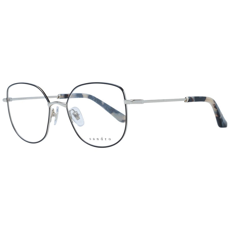 Sandro black and silver metal eyeglass frames with rounded rims and tortoiseshell temple tips