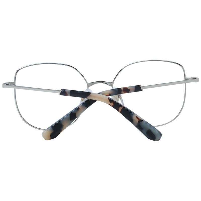 Silver metal eyeglass frames with tortoiseshell temples viewed from the back