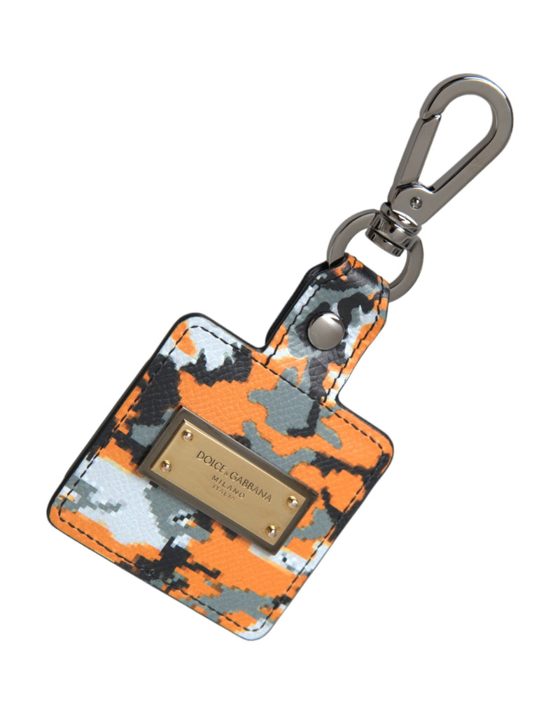 Orange pixel camouflage leather AirPods case with a metal logo plaque and lobster clasp