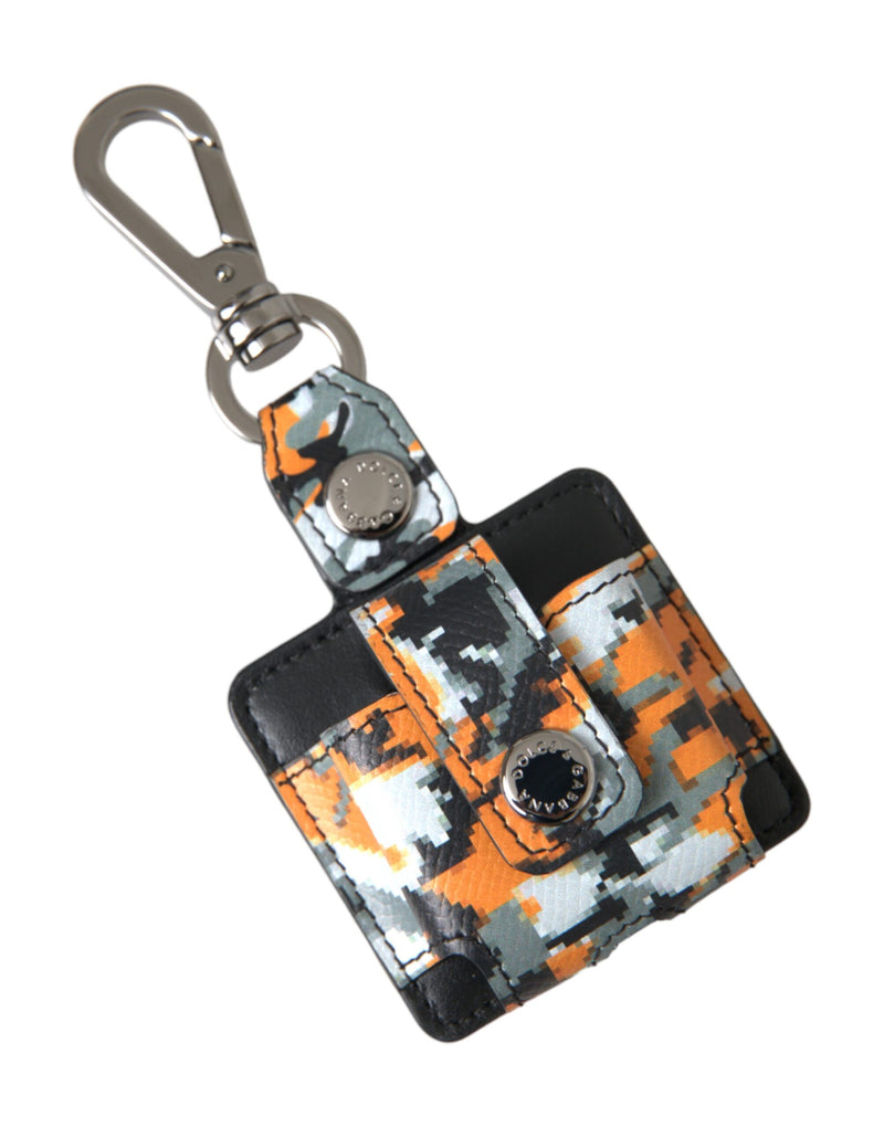 Orange and black digital camo leather AirPods case with a silver metal clasp
