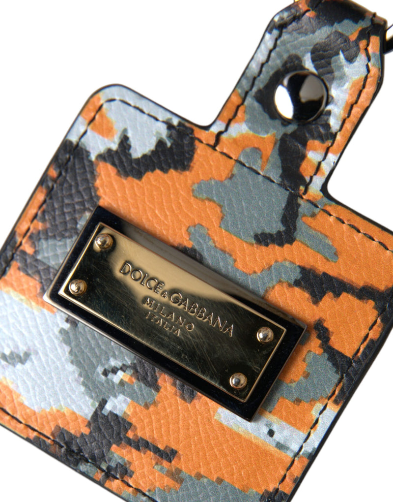 Multicolor camouflage leather AirPods case featuring a gold metal Dolce & Gabbana logo plaque