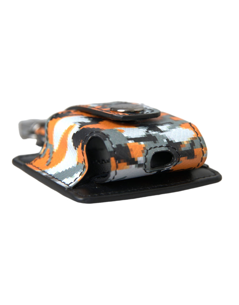 Multicolor camouflage print leather AirPods case with black leather trim and metal snap closure