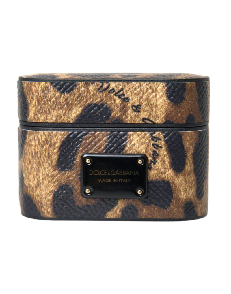 Brown leopard print calf leather AirPods case with a black metal logo plaque