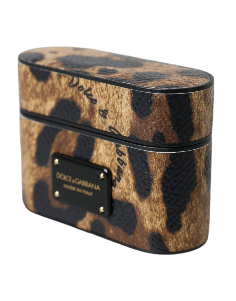 Brown leopard print leather AirPods case with black metal logo plaque