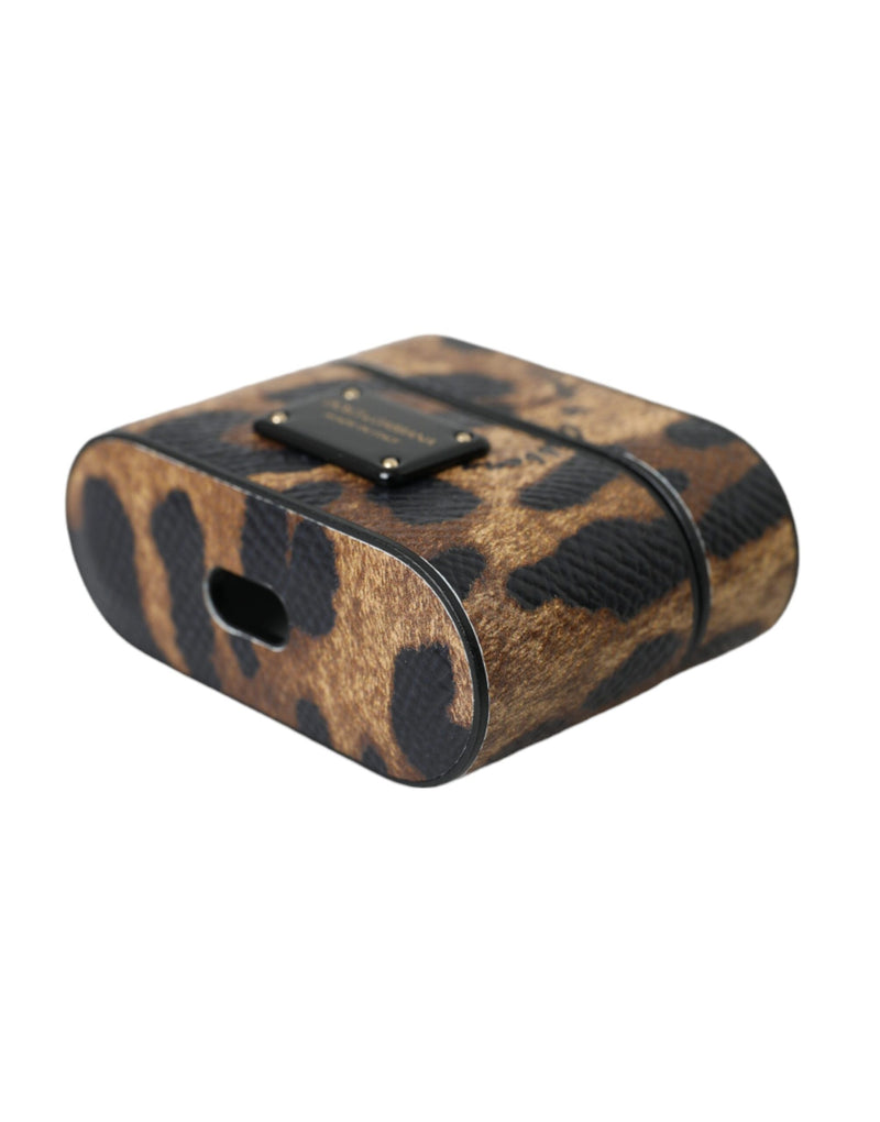 Brown leopard print leather AirPods case with black metal logo plaque