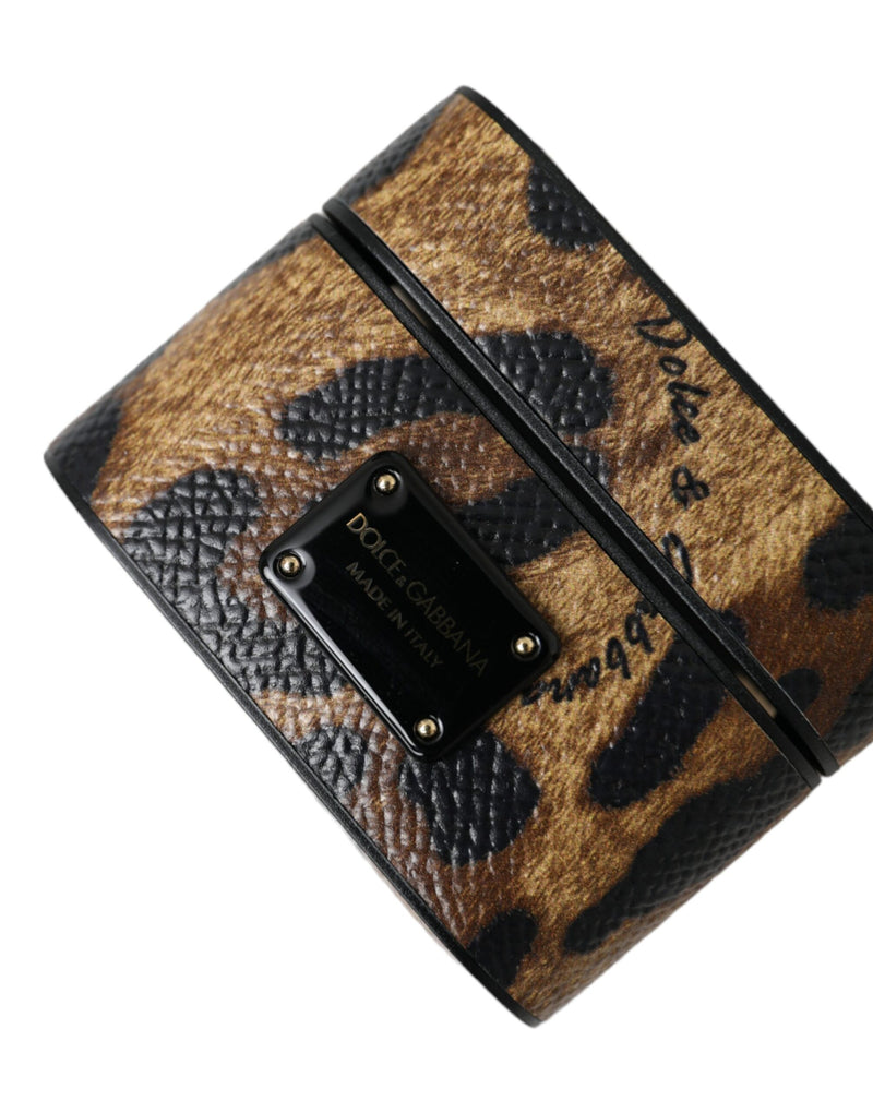 Brown leopard print calf leather AirPods case featuring a black metal logo plaque