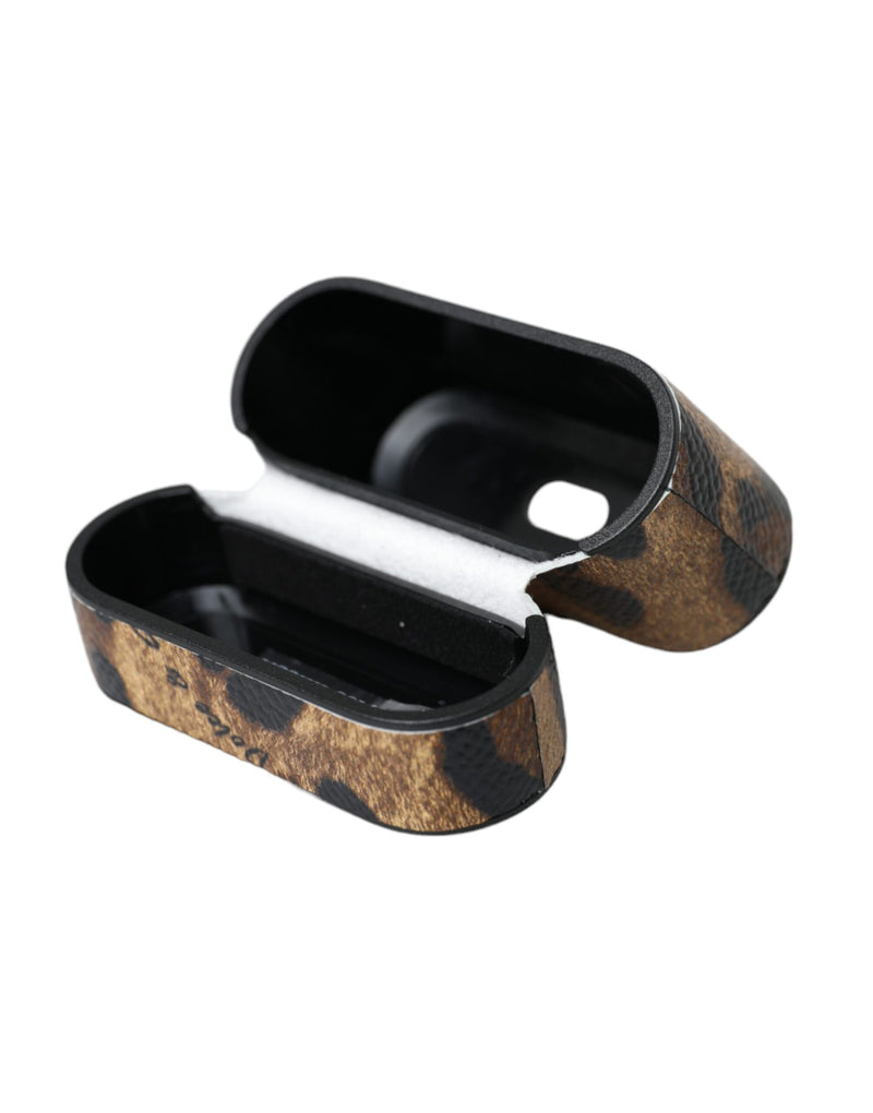 Brown leopard print calf leather AirPods case shown open on a white background