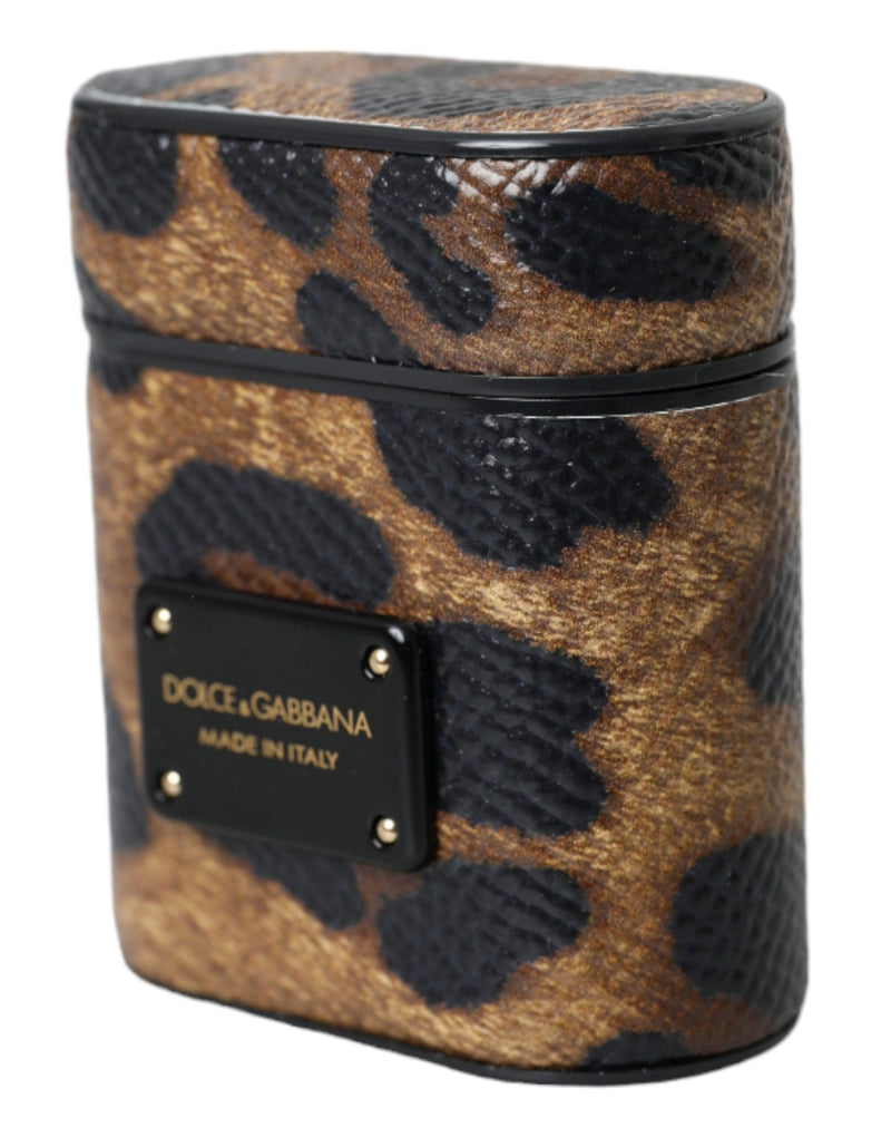 Brown leopard-print leather AirPods case with black metal Dolce & Gabbana logo plaque