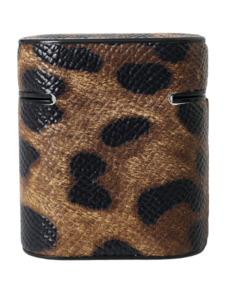 Brown and black leopard print leather AirPods case