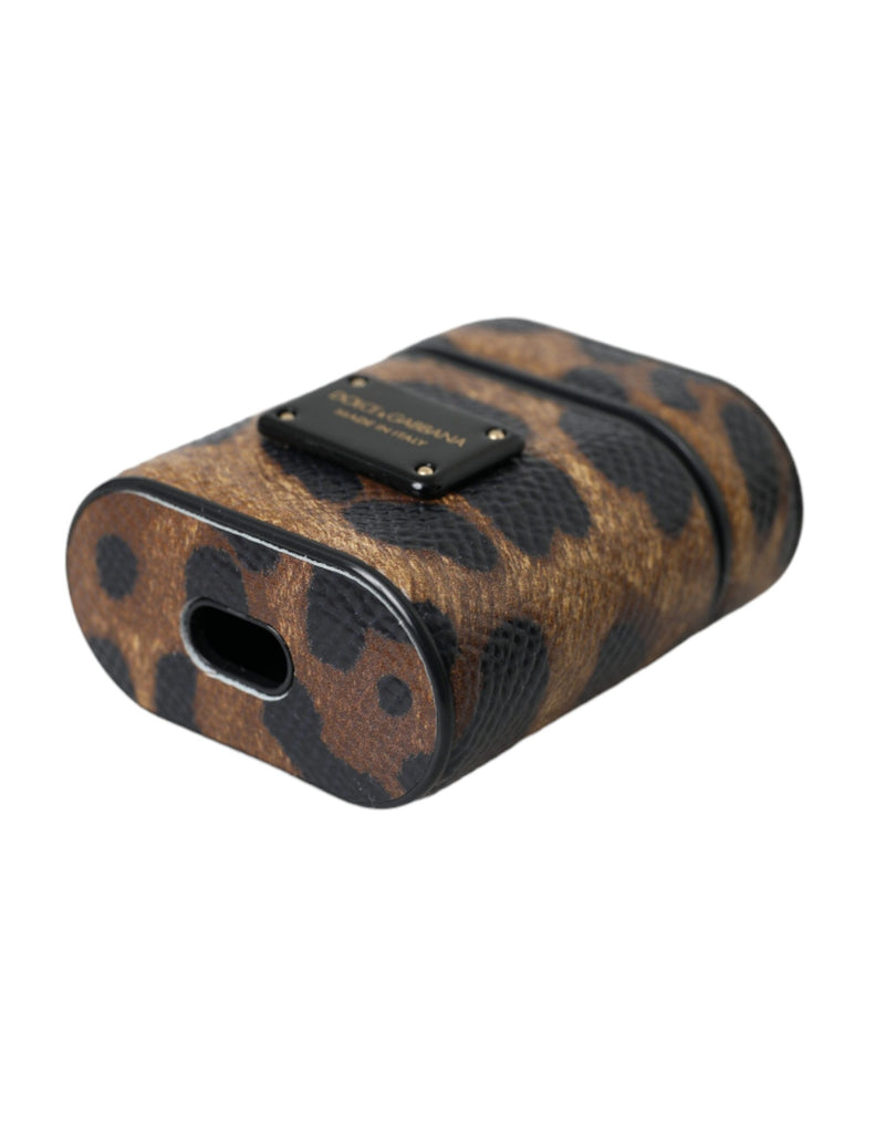 Brown leopard print leather AirPods case with black metal logo plaque