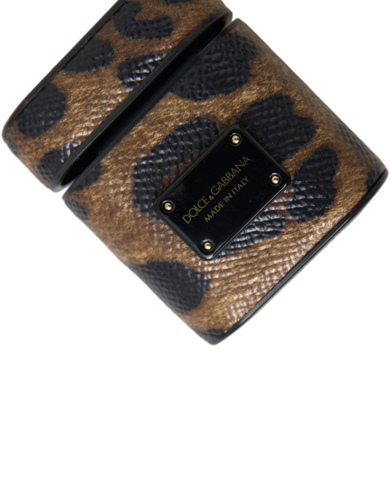 Brown leopard print calf leather AirPods case with black metal Dolce & Gabbana logo plaque