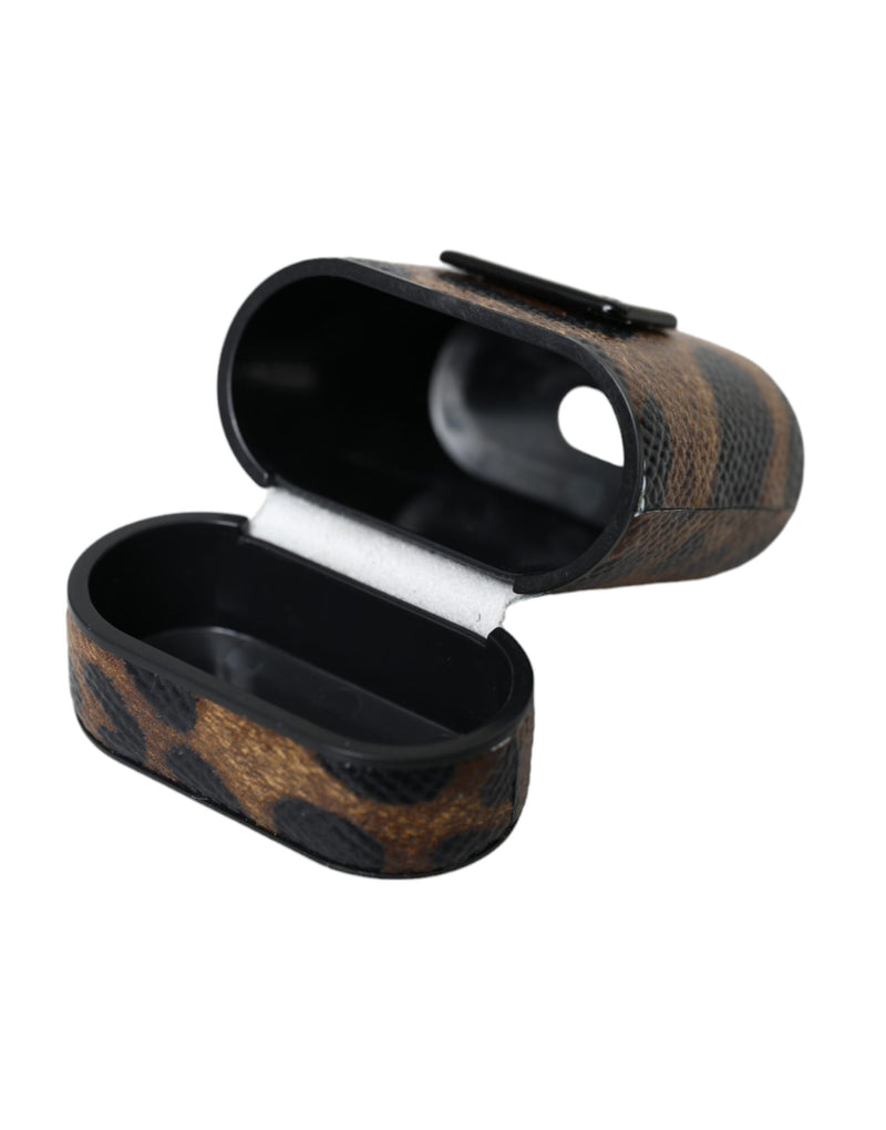 Open brown leopard print leather AirPods case with black interior
