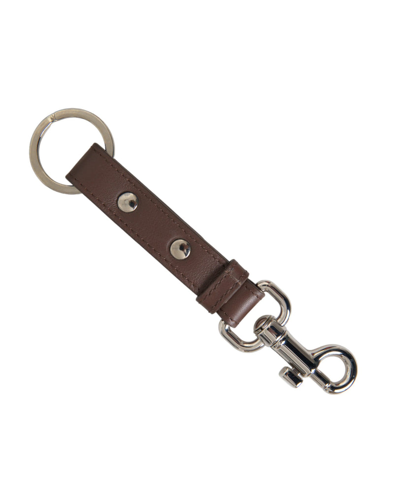 Brown leather keychain strap with silver-tone metal keyring and lobster clasp hardware