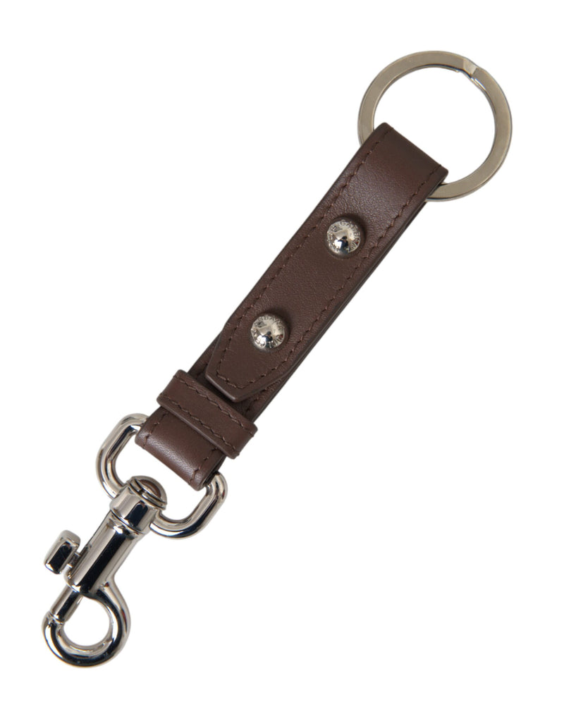Brown leather keychain with silver hardware, ring, and snap hook