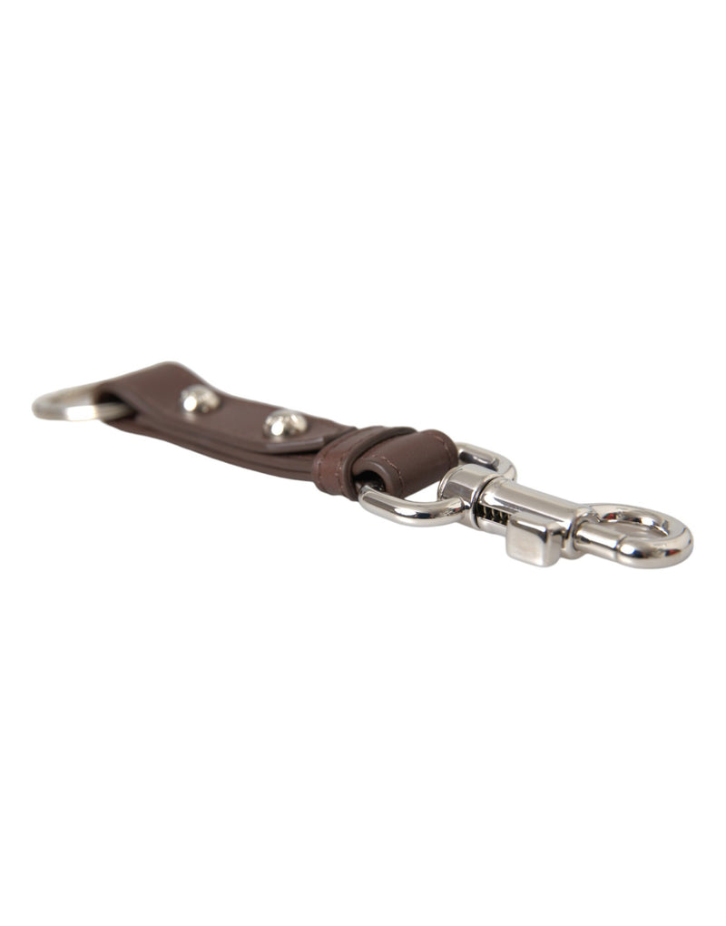 Brown leather keychain strap with silver brass clasp and keyring