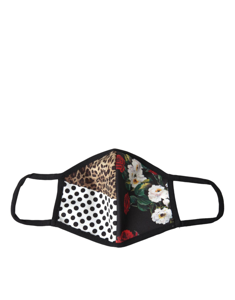 Multicolor printed fabric face mask with leopard, polka dot, and floral patterns featuring black elastic ear straps