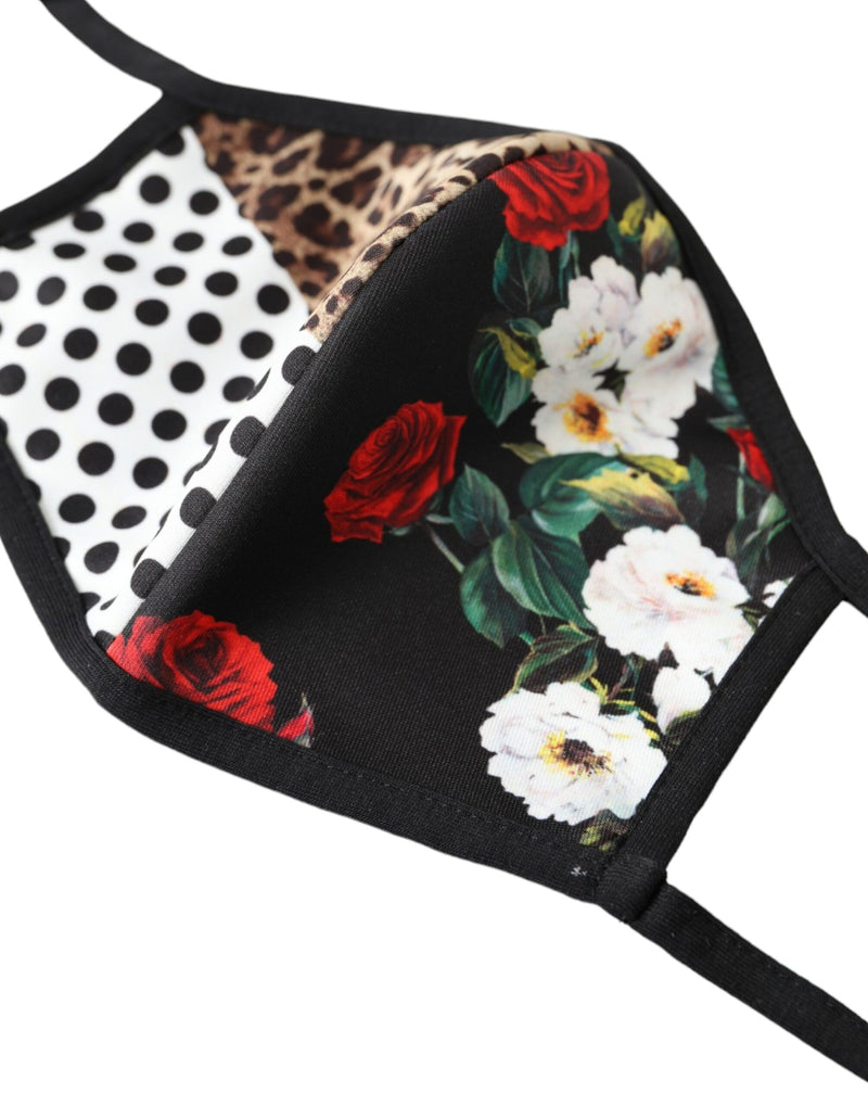 Multicolor fabric face mask with floral, leopard, and polka dot patterns and black elastic straps