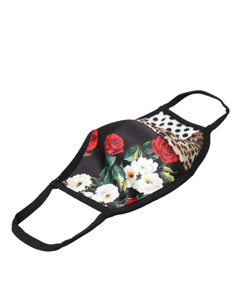 Black fabric face mask with red roses, white flowers, leopard print, and polka dots with black elastic ear straps