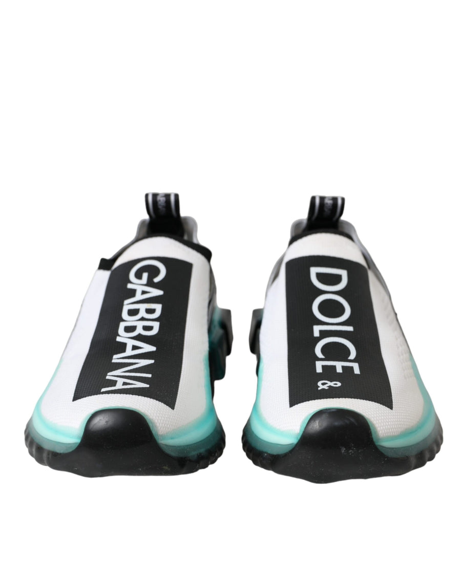 Dolce & Gabbana black and white knit slip-on sneakers with blue-tinted chunky soles and branded side strap.