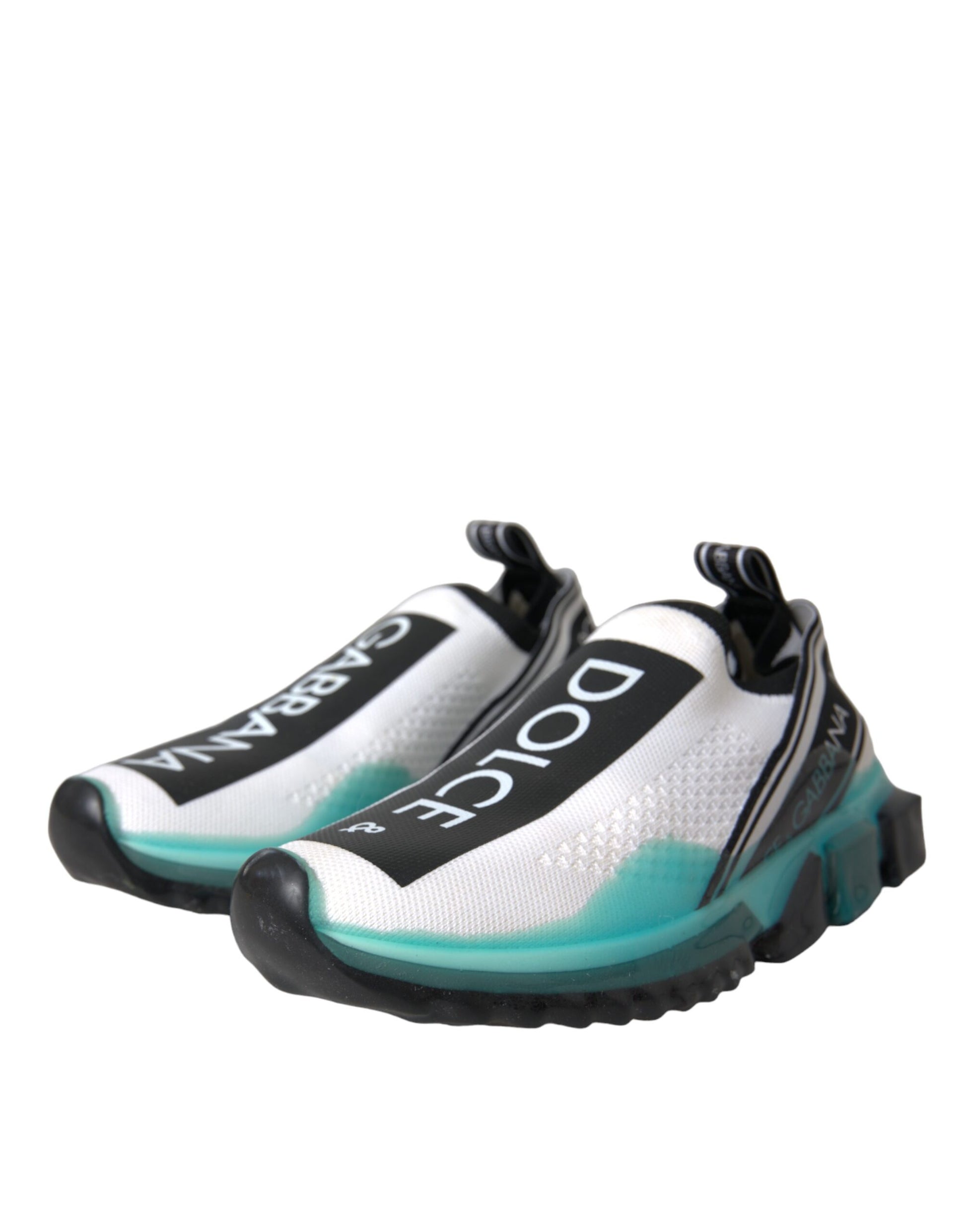 Dolce & Gabbana black and white knit slip-on Sorrento sneakers with turquoise soles and logo branding.