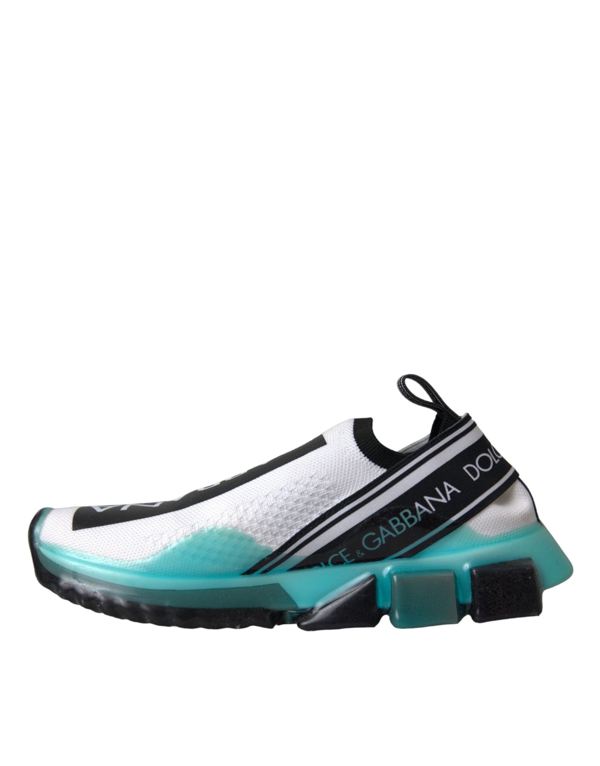 Dolce & Gabbana black, white, and teal knit slip-on sneakers with branded elastic strap and chunky translucent sole.