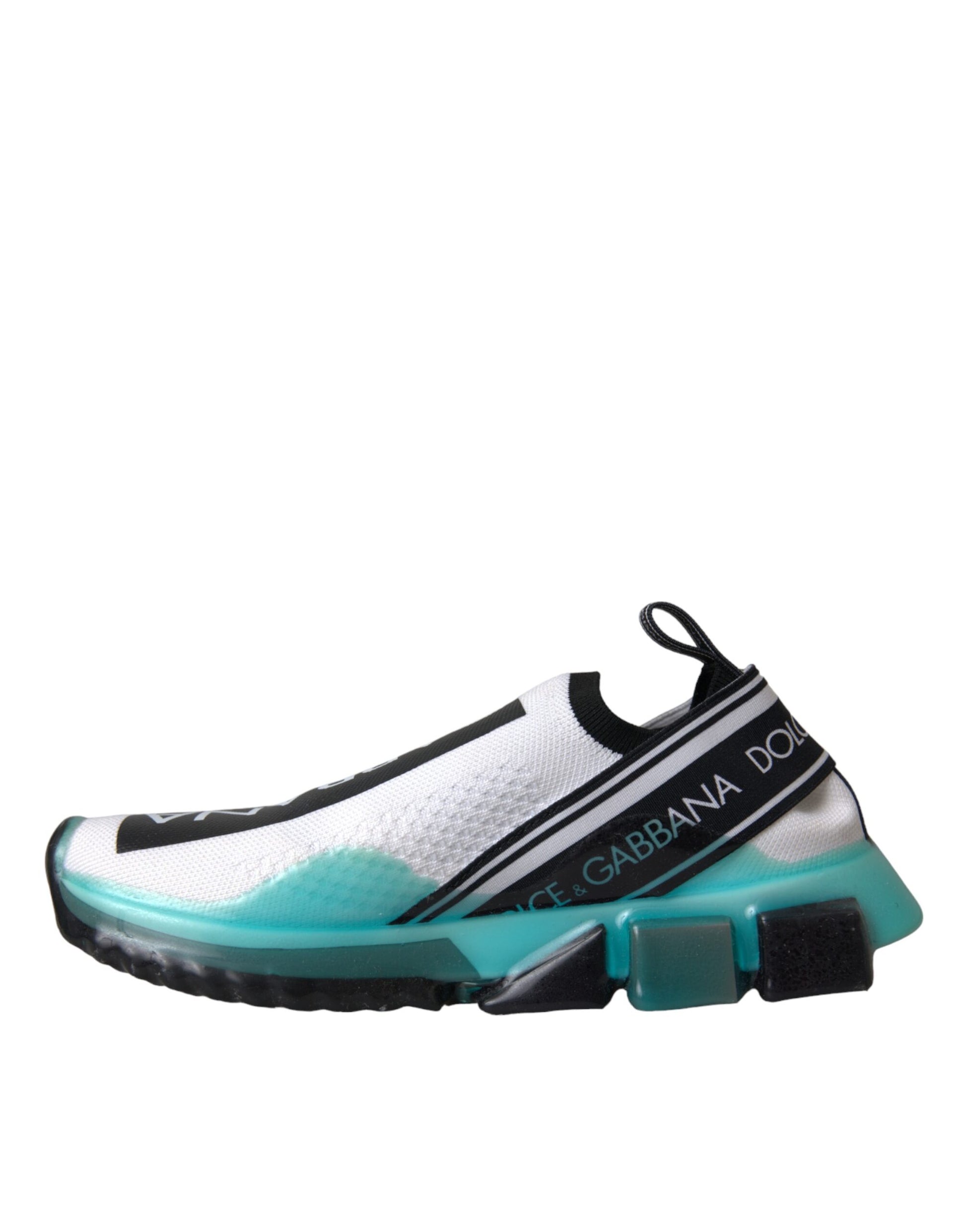 Dolce & Gabbana black, white, and teal knit slip-on sneakers with branded elastic strap and chunky translucent sole.