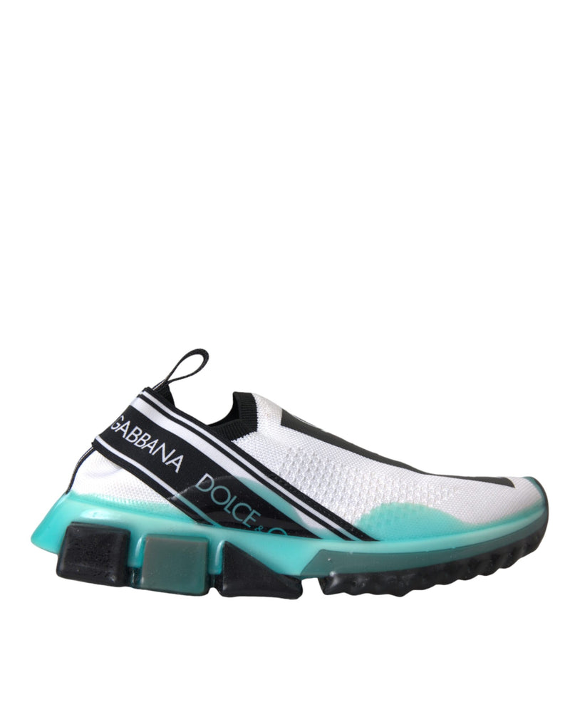 Dolce & Gabbana black and white knit slip-on sneakers with blue-tinted chunky soles and branded side strap.