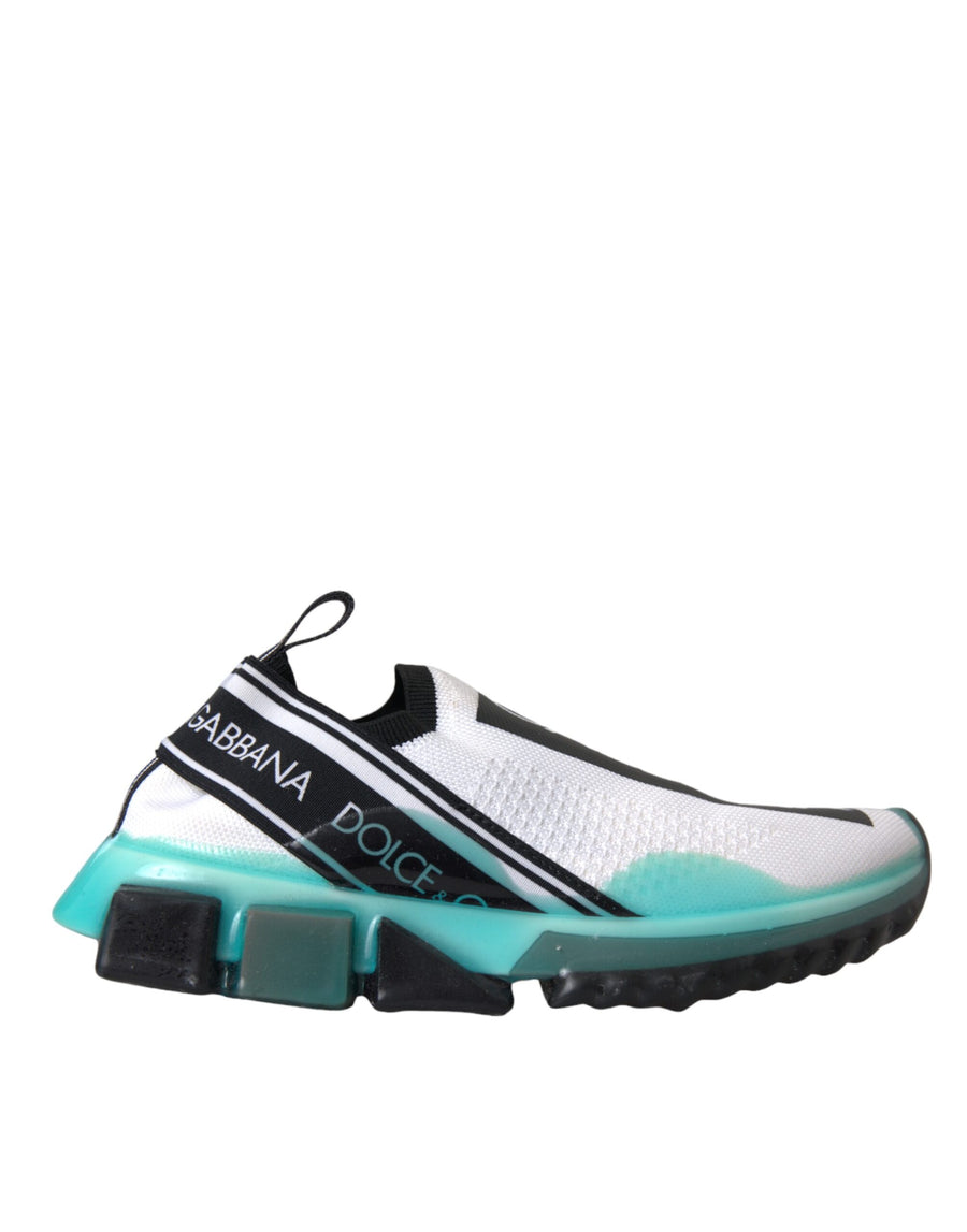 Dolce & Gabbana black and white knit slip-on sneakers with blue-tinted chunky soles and branded side strap.